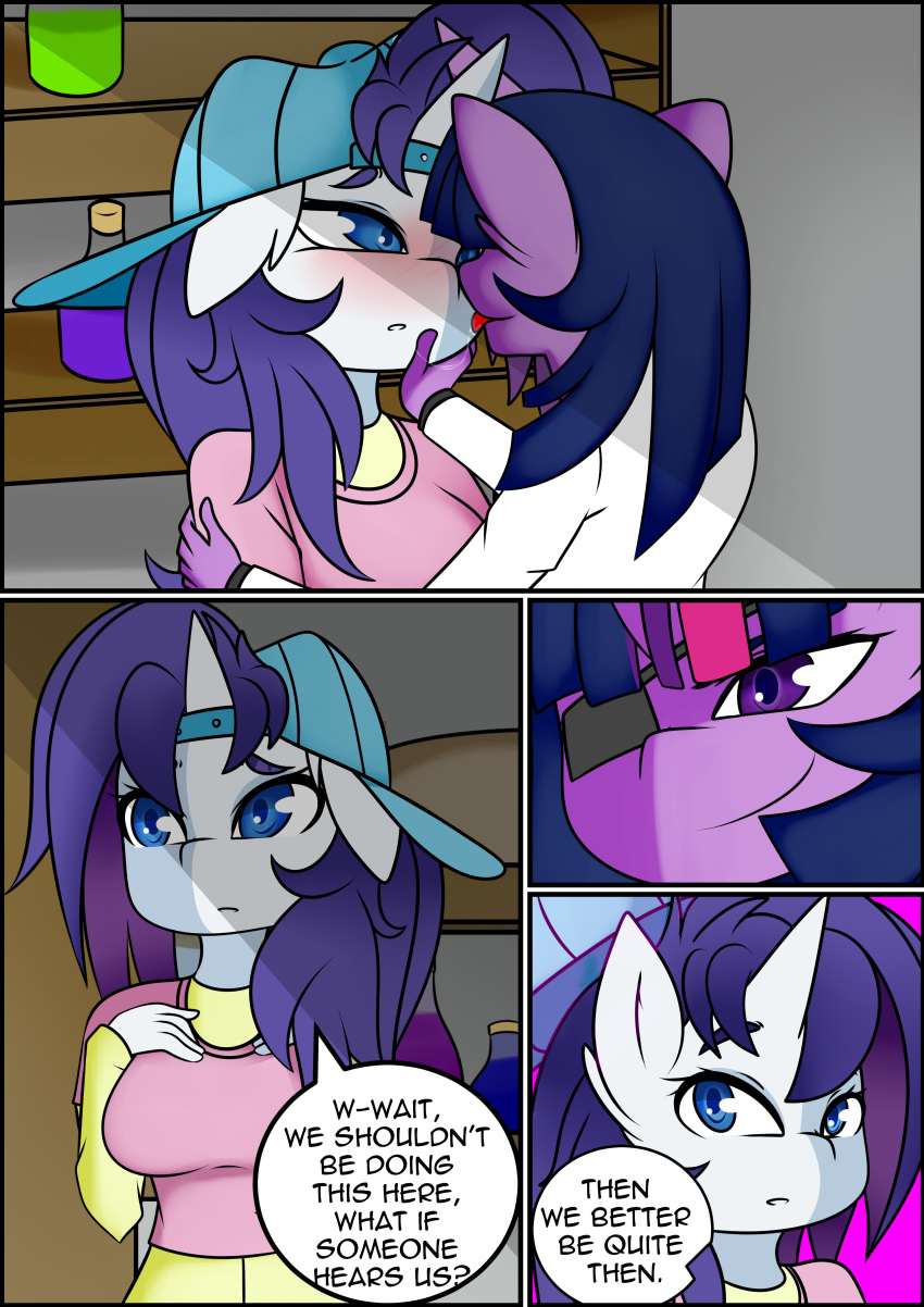 absurd_res after_kiss anthro big_breasts blush bodily_fluids breasts caoscore clothed clothing comic dialogue duo english_text equid equine eye_patch eyewear female female/female friendship_is_magic hasbro hi_res horn mammal my_little_pony rarity_(mlp) saliva saliva_string text tongue tongue_out twilight_sparkle_(mlp) unicorn