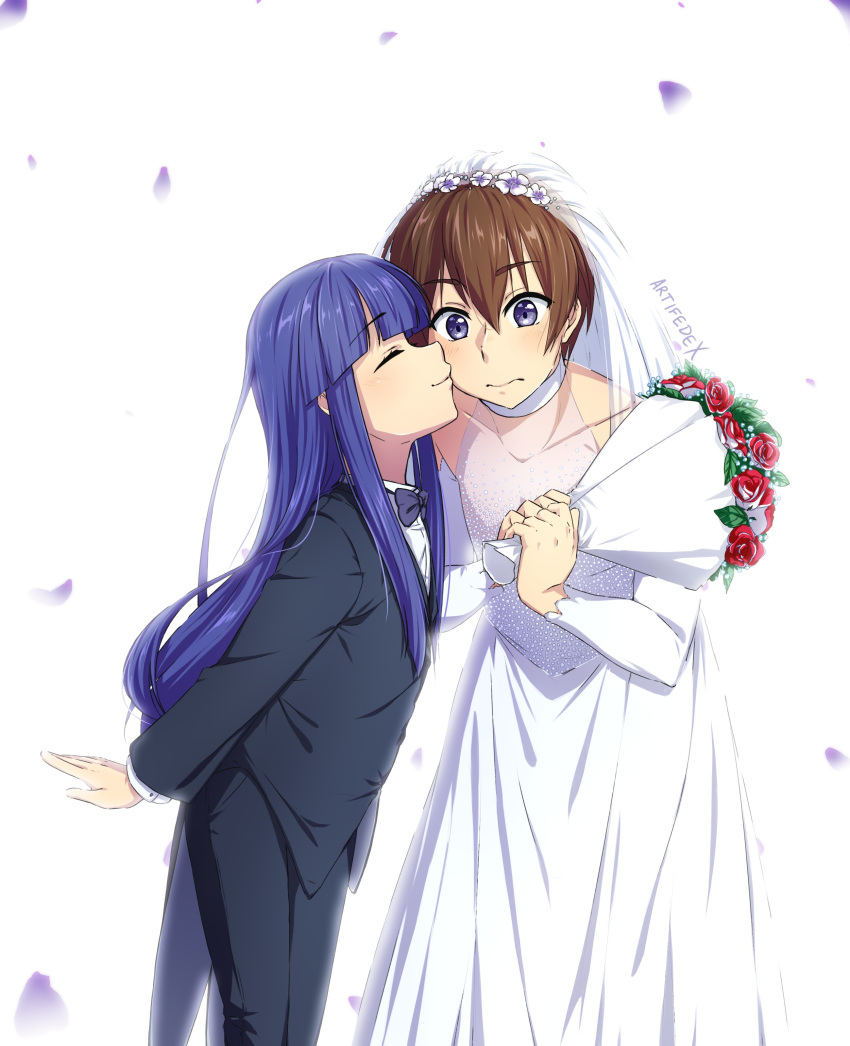 1boy 1girl absurdres age_difference artifedex black_suit blue_hair bouquet bow bowtie bridal_veil bride brown_hair cheek_kiss closed_eyes crossdressing dress embarrassed english_commentary eyebrows_visible_through_hair flat_chest flower formal furude_rika groom halo height_difference highres higurashi_no_naku_koro_ni hime_cut husband_and_wife kiss light_blush long_hair maebara_keiichi petals purple_eyes purple_neckwear shirt short_hair signature simple_background suit swap tuxedo veil wedding wedding_dress white_background white_shirt