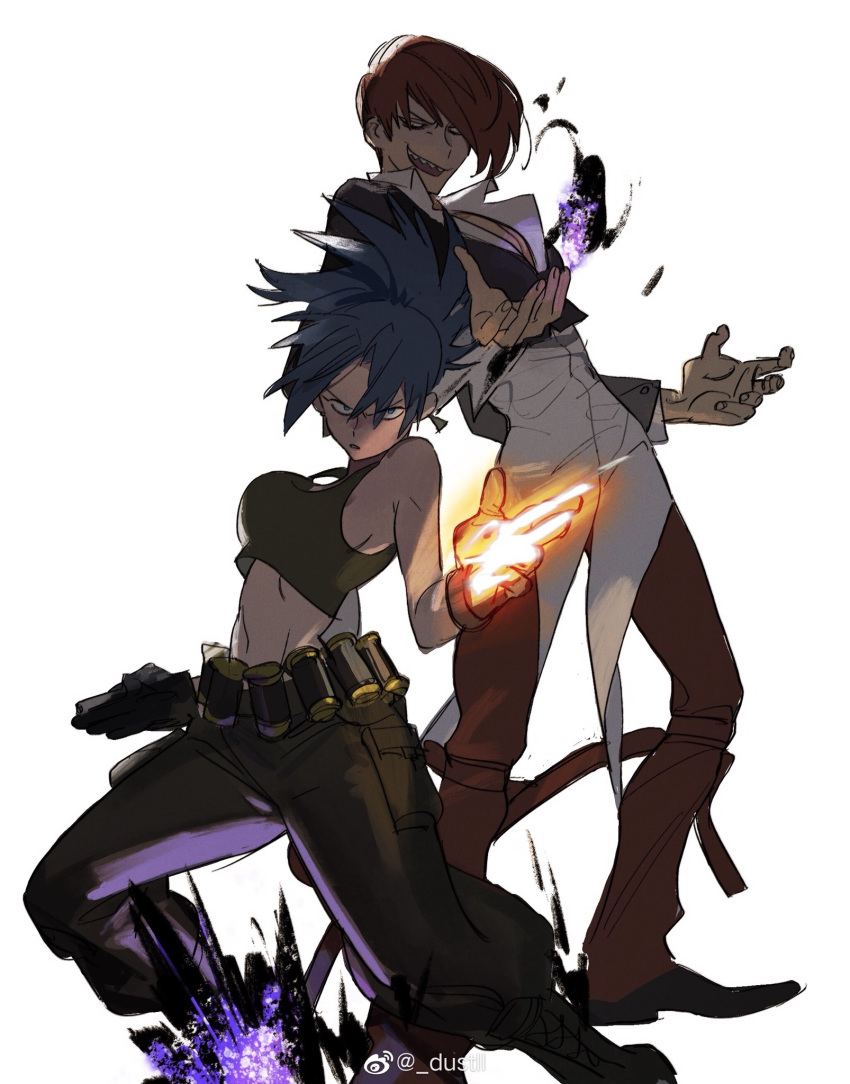 1boy 1girl bangs belt black_gloves black_tank_top blue_eyes blue_hair dustll fire gas_can gloves highres jacket leona_heidern one_eye_covered pants ponytail pyrokinesis red_eyes red_hair red_pants sharp_teeth short_ponytail simple_background smile tank_top teeth the_king_of_fighters yagami_iori