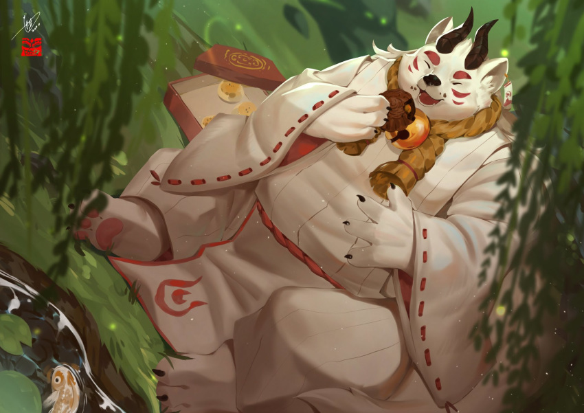 2020 anthro belly black_nose clothing detailed_background eyes_closed fur hi_res horn humanoid_hands jmeo1230 kemono male mammal outside overweight overweight_anthro overweight_male robe sitting solo white_body white_fur
