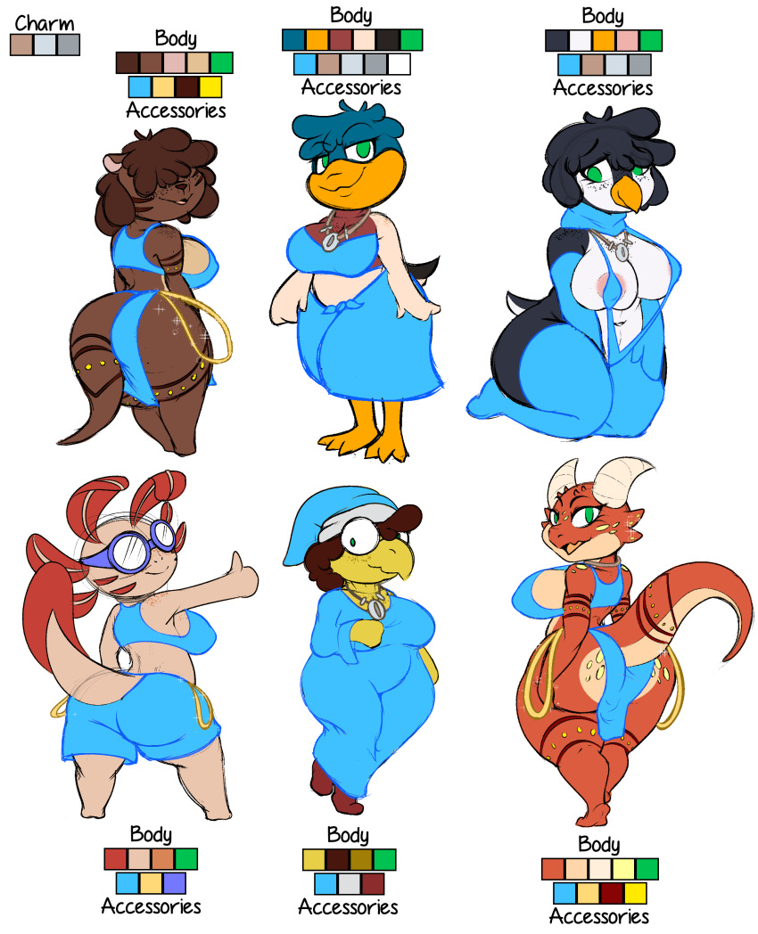 2020 2_horns 3_toes absurd_res alternate_species amphibian anatid anseriform anthro armwear avian axolotl barefoot big_breasts big_butt bikini bird bird_feet black_body black_feathers black_hair blue_bottomwear blue_clothing blue_gloves blue_legwear blue_robe blue_scarf blue_shorts blue_stockings blue_topwear bottomwear breasts brown_body brown_feathers brown_hair brown_stripes butt censored clothed clothing curled_hair duck elbow_gloves eyewear feathers female footwear front_view fur gesture glasses gloves goggles green_body green_eyes green_feathers green_hair hair hair_over_eyes hand_on_breast hand_on_chest hand_on_leg hand_on_thigh handwear hi_res horn huge_butt ineffective_censorship ineffective_clothing jewelry kobold koopa legwear loincloth looking_ahead looking_at_viewer looking_back lutrine magikoopa mammal mario_bros model_sheet mole_salamander multiple_images mustelid necklace nintendo nipple_outline nipples open_mouth penguin pink_body pink_nipples pink_scales purple_goggles raised_tail rear_view red_body red_clothing red_footwear red_scales salamander_(amphibian) scales scalie scarf shorts simple_background skimpy sling_bikini smile softestpuffss spots spotted_body spotted_fur standing stockings striped_body striped_fur stripes swimwear tan_body tan_feathers tan_fur tan_scales thick_thighs thumbs_up toes topwear video_games white_background white_body white_feathers white_horn yellow_body yellow_scales yellow_spots