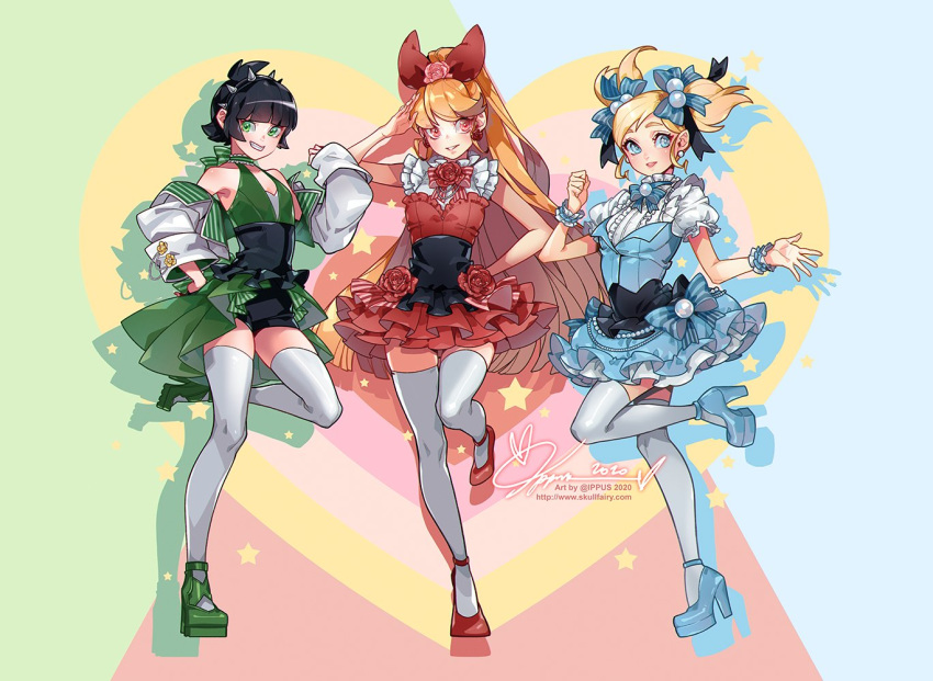 3girls bangs black_hair blonde_hair blossom_(ppg) blue_bow blue_dress blue_eyes blue_footwear blunt_bangs bow bubbles_(ppg) buttercup_(ppg) cropped_jacket dated dress earrings flower full_body green_dress green_eyes green_footwear hair_bow hand_on_hip high_heels jewelry long_hair long_sleeves multiple_girls na_young_lee orange_hair powerpuff_girls puffy_short_sleeves puffy_sleeves red_dress red_eyes red_flower red_footwear short_sleeves signature sleeveless sleeveless_dress star_(symbol) thighhighs twintails very_long_hair watermark web_address white_legwear