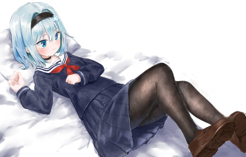 1girl blue_eyes blush choker hair_ornament hairband hairclip highres loafers long_sleeves lying on_back on_bed pantyhose pillow pleated_skirt ryuuou_no_oshigoto! seojinhui shoes short_hair skirt sora_ginko