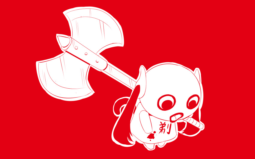 1girl apple_dot_com_(vocaloid) axe battle_axe blood bloody_clothes bowing commentary doushite-chan highres holding holding_axe holding_weapon long_hair monochrome official_art pinocchio-p red_background red_theme solo tail twintails very_long_hair vocaloid weapon