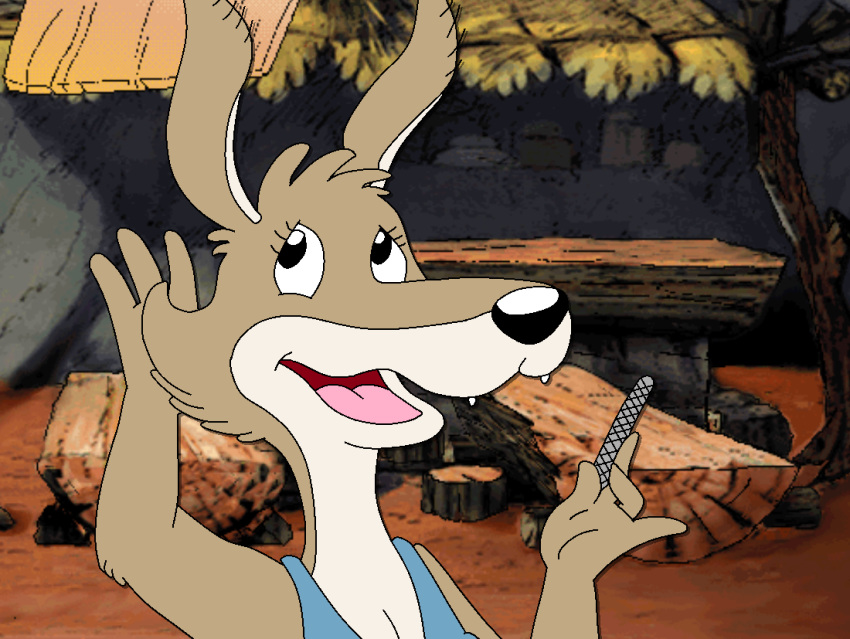 anthro blinky_bill_(series) breasts canid canine canis clothed clothing daisy_dingo digital_media_(artwork) dingo dragonboy618 female hand_behind_head holding_object mammal nail_file open_mouth seductive smile solo