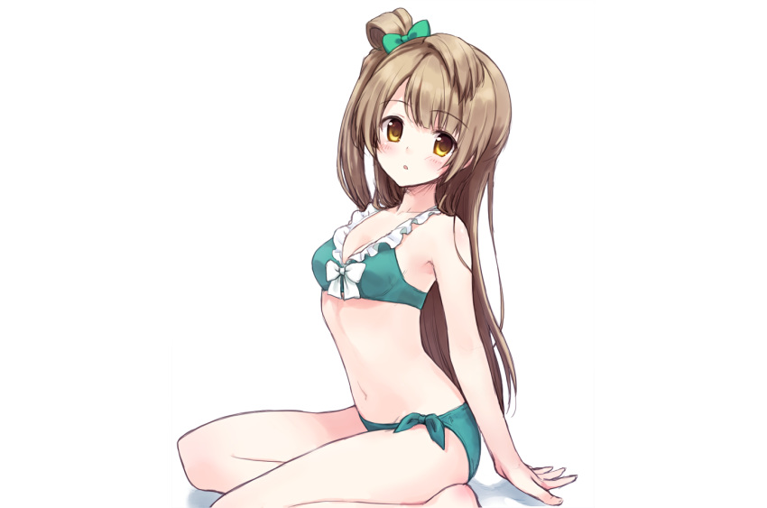 bikini blush bow breasts brown_hair cleavage long_hair love_live!_school_idol_project minami_kotori rimo sketch swimsuit waifu2x white yellow_eyes