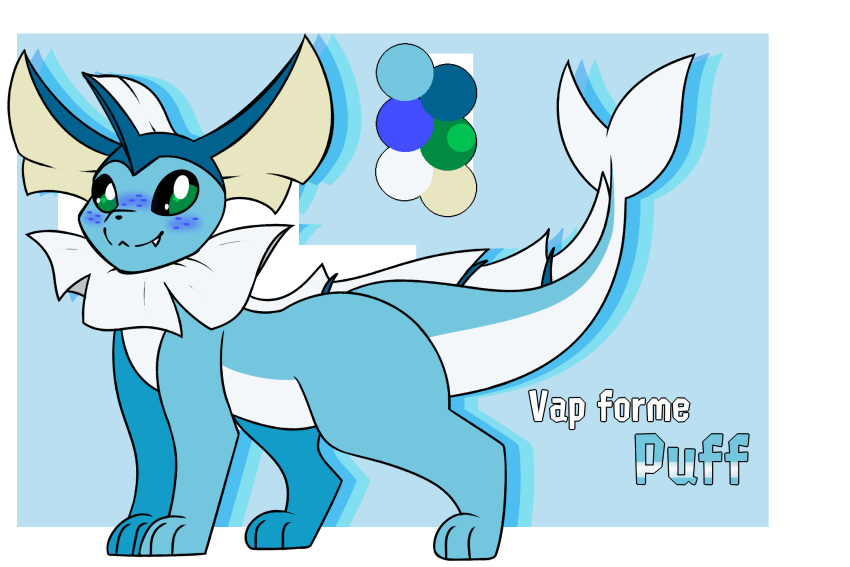 2020 3:2 3_toes all_fours alpha_channel ambiguous_gender black_nose blue_background blue_body blue_fur blush border canid eeveelution fangs feral fin freckles fur green_eyes head_fin hi_res mammal model_sheet nintendo nude pok&eacute;mon pok&eacute;mon_(species) puff_(softestpuffss) simple_background smile softestpuffss solo tan_body tan_fur tan_inner_ear toes transparent_border vaporeon video_games white_body white_fur