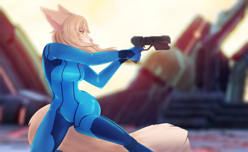 anthro canid canine clothing female fennec fox gun halloween holidays latex_clothing leather mammal metroid metroid_(videogame) nintendo ranged_weapon rubber ruruscube samus samus_aran smash solo suit super_smash_bros. switch video_games weapon zero zero_suit