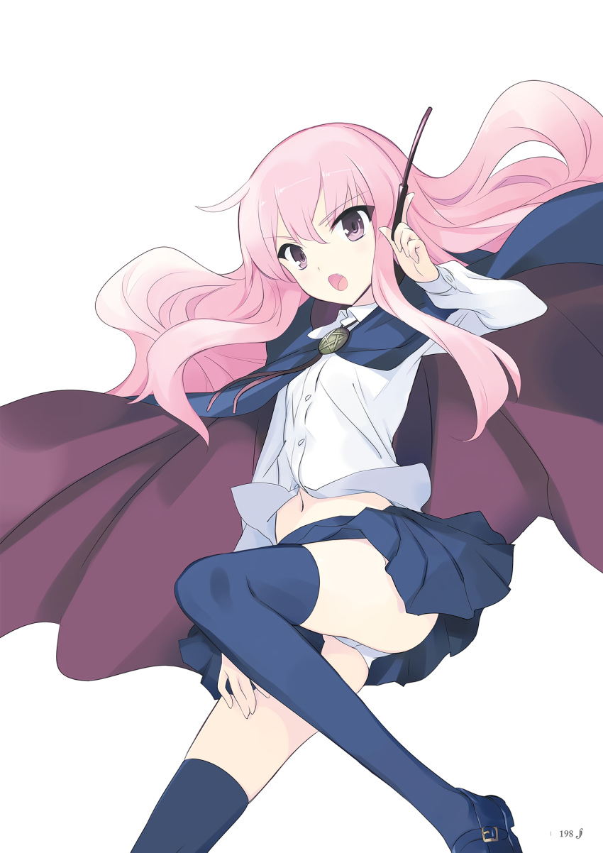 1girl blue_cape blue_legwear blue_skirt bolo_tie cape hand_on_own_thigh highres holding holding_wand leg_up louise_francoise_le_blanc_de_la_valliere midriff_peek navel noise_reduction official_art page_number panties pentacle pentagram pink_hair scan shirt simple_background skirt solo thighhighs underwear usatsuka_eiji wand white_background white_shirt zero_no_tsukaima