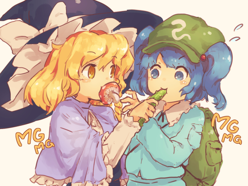 2girls aqua_shirt backpack bag beige_background bionekojita black_headwear black_vest blonde_hair blue_eyes blue_hair blush_stickers bow braid capelet commentary cucumber feeding flying_sweatdrops food green_headwear hat hat_bow holding holding_food kawashiro_nitori kirisame_marisa long_sleeves looking_at_another mg_mg mouth_hold multiple_girls mushroom shirt short_hair simple_background single_braid touhou two_side_up upper_body vest white_bow white_shirt witch_hat yellow_eyes