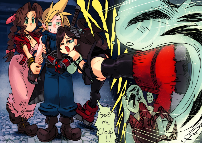 1boy 2girls aerith_gainsborough alex_ahad arm_guards arm_hug black_hair braid braided_ponytail breasts brown_hair buster_sword cleavage cloud_strife cropped_jacket dress final_fantasy final_fantasy_vii final_fantasy_vii_remake ghost headband highres hug jacket kicking multiple_girls pink_dress red_headband red_jacket scared skirt speed_lines suspender_skirt suspenders sweatdrop tank_top tifa_lockhart white_tank_top