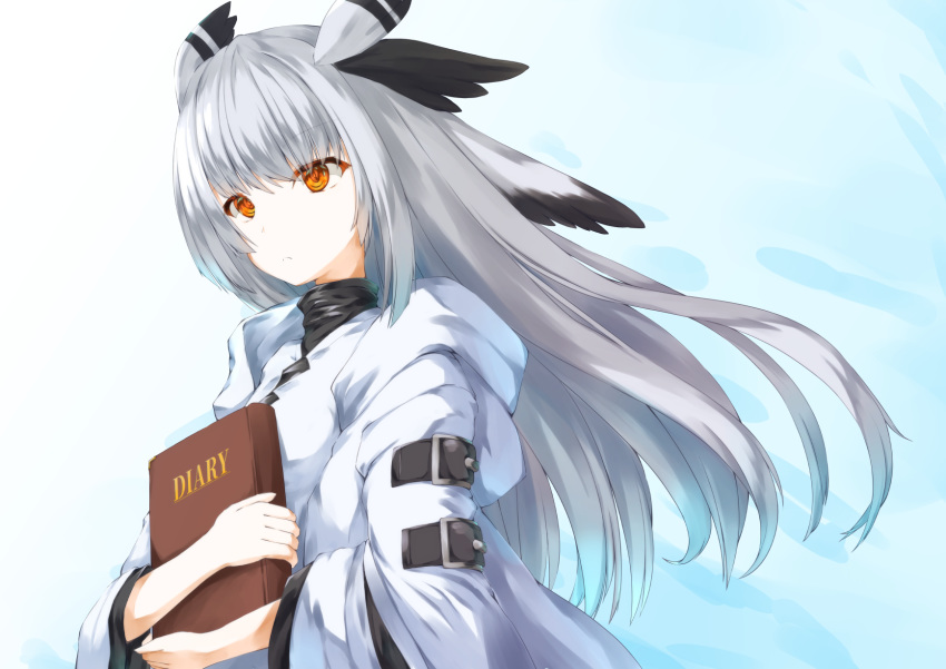 1girl animal_ears arknights armband book coat grey_hair head_wings highres holding holding_book jacket long_hair orange_eyes owl_ears ptilopsis_(arknights) rhine_lab_(arknights) silver_hair simple_background solo white_background yuki-san_(wdtm_yuki)