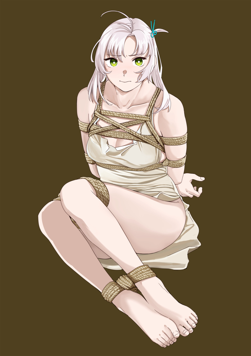 1girl absurdres ahoge alternate_costume arms_behind_back bangs barefoot bdsm beige_dress bondage bound breasts brown_background cleavage closed_mouth dress eyebrows_visible_through_hair feet green_eyes grey_hair highres kantai_collection kinugasa_(kantai_collection) long_hair medium_breasts ojipon remodel_(kantai_collection) rope simple_background sitting solo tied_hair tied_up torn_clothes torn_dress