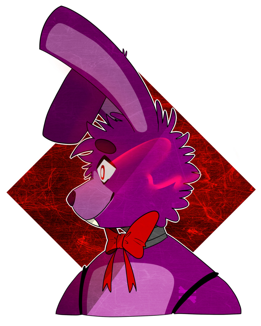 2018 alpha_channel animatronic anthro bonnie_(fnaf) bow_tie buckteeth eyebrows five_nights_at_freddy's fur glowing glowing_eyes head_tuft hi_res lagomorph leporid long_ears looking_aside machine male mammal paper-foxy purple_body purple_fur purple_inner_ear rabbit red_eyes robot signature simple_background smile solo teeth transparent_background tuft video_games