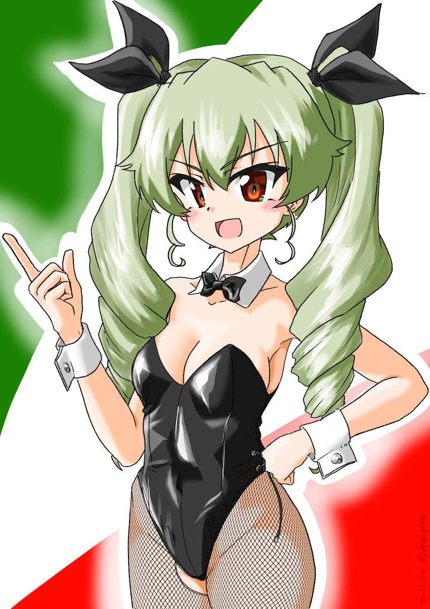 1girl absurdres anchovy_(girls_und_panzer) bangs black_legwear black_leotard black_ribbon bow bowtie breasts cleavage collar commentary cowboy_shot dated detached_collar drill_hair drops_mint eyebrows_visible_through_hair fishnet_legwear fishnets girls_und_panzer green_background green_hair hair_ribbon hand_on_hip highres index_finger_raised leotard long_hair looking_at_viewer medium_breasts multicolored multicolored_background open_mouth outline pantyhose playboy_bunny red_background red_eyes ribbon side-tie_leotard smile solo standing strapless strapless_leotard twin_drills twintails twitter_username white_collar white_outline wing_collar wrist_cuffs