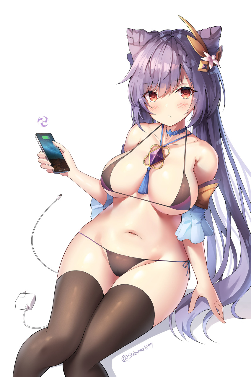 1girl absurdres bangs bare_shoulders black_legwear blush breasts genshin_impact groin hair_ornament highres holding jewelry keqing long_hair looking_at_viewer medium_breasts navel necklace purple_eyes purple_hair simple_background sitting sobmarine solo stomach string_bikini twintails white_background