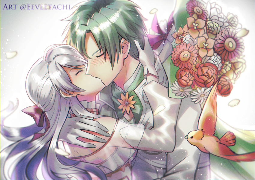 1boy 1girl absurdres artist_name bangle bare_shoulders bird blush bouquet bow bracelet bride closed_eyes couple detached_sleeves dress eeveetachi fire_emblem fire_emblem:_radiant_dawn fire_emblem_heroes flower frills gloves graphite_(medium) green_eyes green_hair half_updo hetero highres hug huge_filesize jewelry kiss long_hair micaiah_(fire_emblem) silver_hair sleeveless sleeveless_dress sothe_(fire_emblem) traditional_media twitter_username wedding white_gloves yune_(fire_emblem)