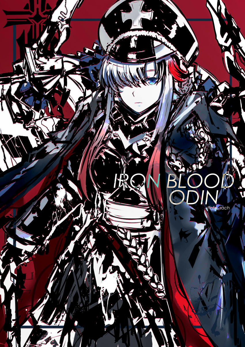 1girl absurdres armored_skirt azur_lane black_headwear blue_eyes breastplate character_name coat coat_on_shoulders hair_over_one_eye hat highres iron_blood_(emblem) long_hair looking_at_viewer military_hat multicolored_hair odin_(azur_lane) open_clothes open_coat padded_coat peaked_cap red_background red_hair rigging simple_background streaked_hair tfnfe_sach two-tone_hair