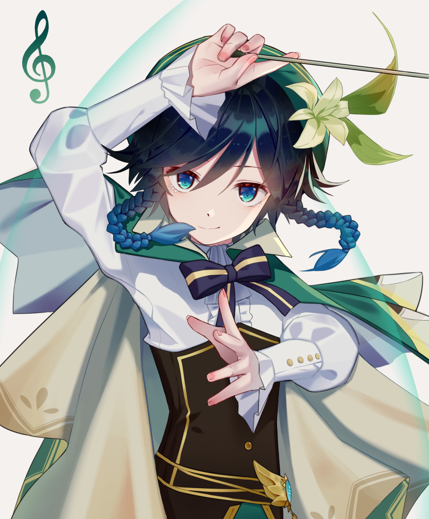 1boy absurdres aqua_eyes baton_(instrument) beret black_hair blue_eyes blue_hair bow bowtie braid cape closed_mouth commentary_request genshin_impact gradient_hair green_cape green_headwear hat highres looking_at_viewer male_focus multicolored_hair musical_note smile solo syouko_jiaozijun twin_braids two-tone_hair upper_body venti_(genshin_impact)