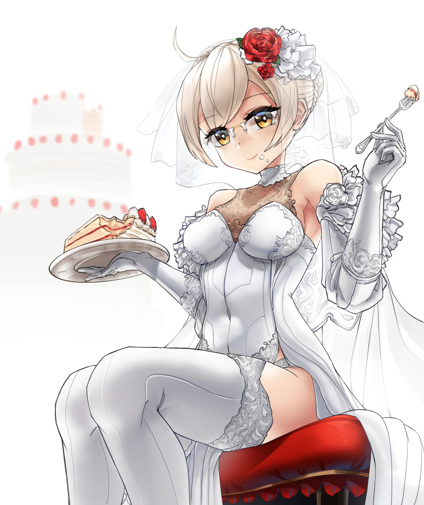 1girl absurdres ahoge alternate_costume artoria_pendragon_(all) blonde_hair braid breasts bridal_veil bride cake cake_slice casul covered_navel dress elbow_gloves fate/grand_order fate_(series) flower food food_on_face fork french_braid glasses gloves hair_bun hair_flower hair_ornament highres holding holding_fork holding_plate huge_filesize mysterious_heroine_x_(alter) panties pelvic_curtain plate red_flower red_rose rose side_slit sitting sleeveless sleeveless_dress small_breasts solo thighhighs underwear veil wedding_cake wedding_dress white_dress white_gloves white_legwear white_panties yellow_eyes