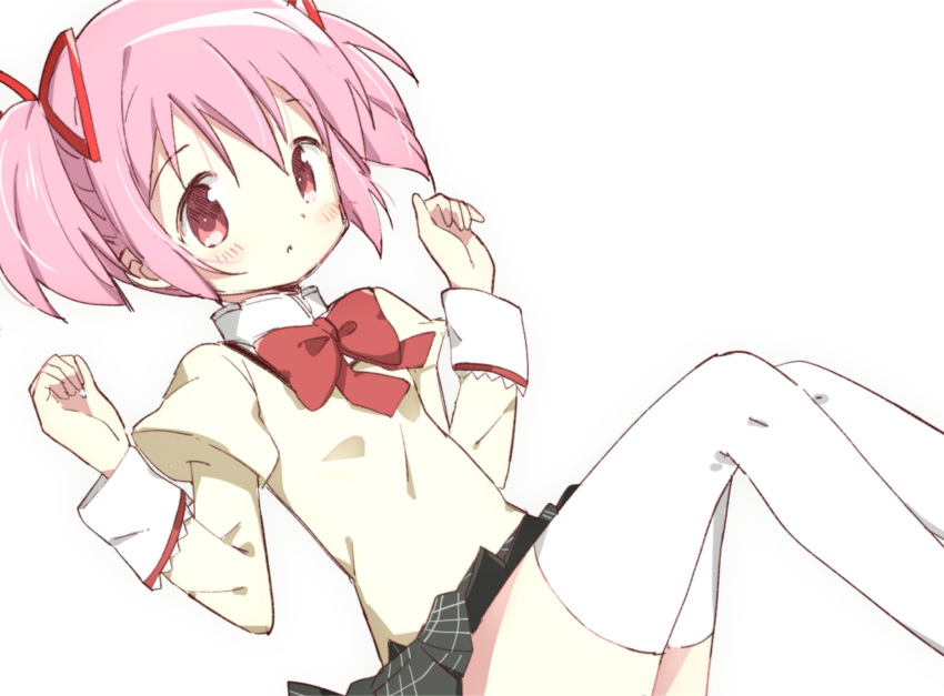 1girl arms_at_sides black_skirt blush_stickers breasts clenched_hands dot_nose dutch_angle expressionless eyebrows_visible_through_hair feet_out_of_frame floating_hair hair_between_eyes hair_ribbon hands_up high_collar highres juliet_sleeves kaname_madoka knees_together_feet_apart light_blush long_sleeves looking_at_viewer mahou_shoujo_madoka_magica mitakihara_school_uniform neck_ribbon parted_lips pink_eyes pink_hair plaid plaid_skirt pleated_skirt puffy_sleeves red_ribbon ribbon school_uniform shaded_face shiny shiny_hair short_twintails sidelocks simple_background skirt small_breasts solo thighhighs thighs tsubaki_(tatajd) twintails uniform white_background white_legwear zettai_ryouiki