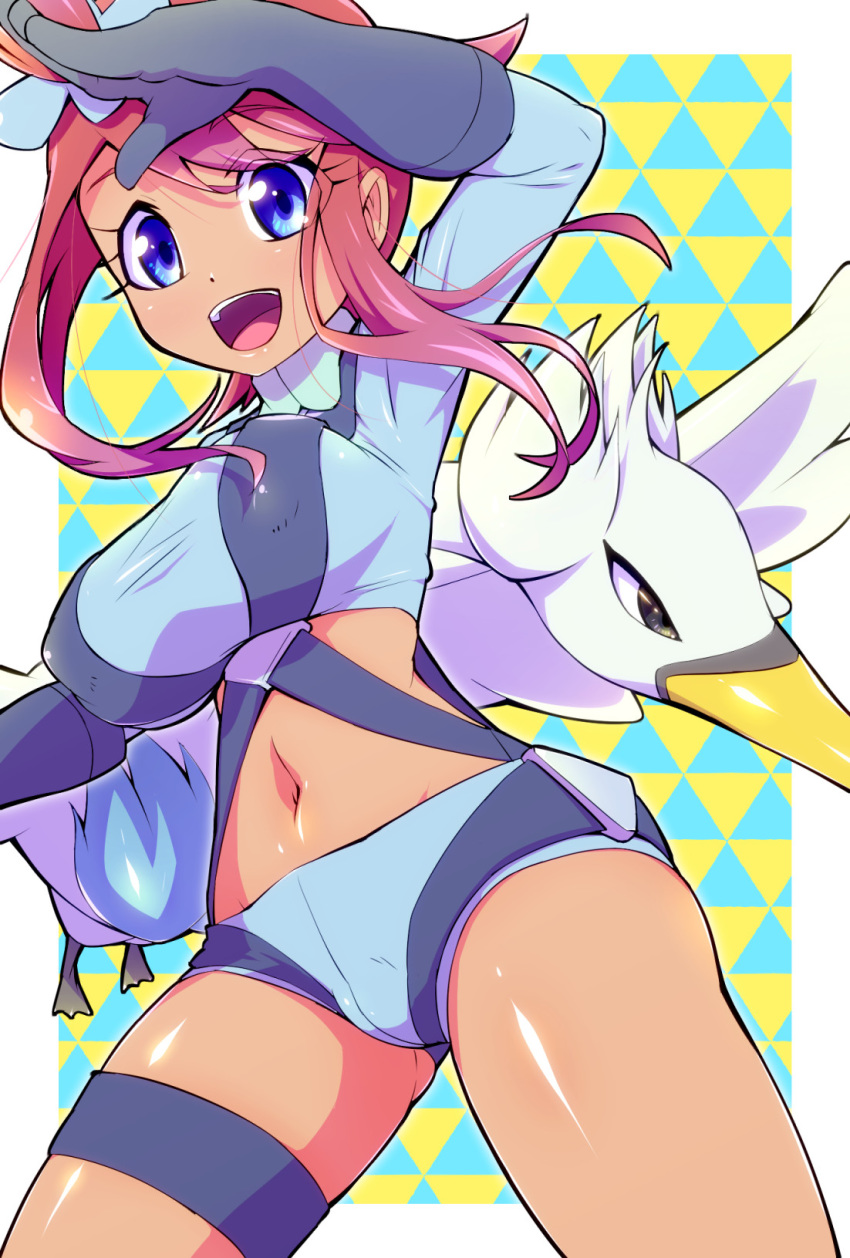 1girl :d ass_visible_through_thighs bangs blue_background blue_eyes blue_gloves blue_jacket blue_shorts breasts commentary_request covered_nipples cowboy_shot cropped_jacket eyebrows_visible_through_hair gen_5_pokemon gloves groin gym_leader hair_between_eyes hair_ornament highres holster jacket large_breasts long_sleeves looking_at_viewer midriff navel open_mouth pokemon pokemon_(creature) pokemon_(game) pokemon_bw red_hair ryuuta_(cure_ryuuta) salute short_shorts shorts sidelocks skyla_(pokemon) smile solo_focus standing swanna swept_bangs taut_clothes thigh_strap two-tone_background upper_teeth yellow_background
