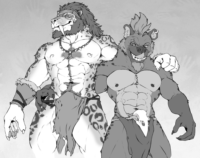 accessory anthro armor bentayga body_hair bone bracers check_tag_type clothing collar duo facial_hair fangs felid gnorr greyscale hair_accessory hairband happy_trail hyaenid jawsandcorp loincloth looking_at_viewer machairodontine male male/male mammal monochrome muscular nipples piercing pubes sabertooth_(anatomy) size_difference skull spots tongue tongue_out