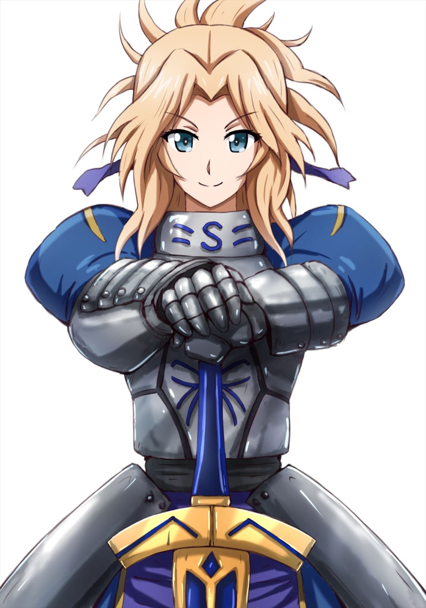 1girl armor armored_dress artoria_pendragon_(all) blonde_hair blue_dress blue_eyes blue_ribbon closed_mouth cosplay dress excalibur fate/stay_night fate_(series) gauntlets girls_und_panzer gloves grey_gloves hair_intakes hair_ribbon hair_up highres holding holding_sword holding_weapon kawasumi_ayako kay_(girls_und_panzer) looking_at_viewer medium_hair omachi_(slabco) ponytail ribbon saber saber_(cosplay) seiyuu_connection simple_background smile solo standing sword v-shaped_eyebrows weapon white_background