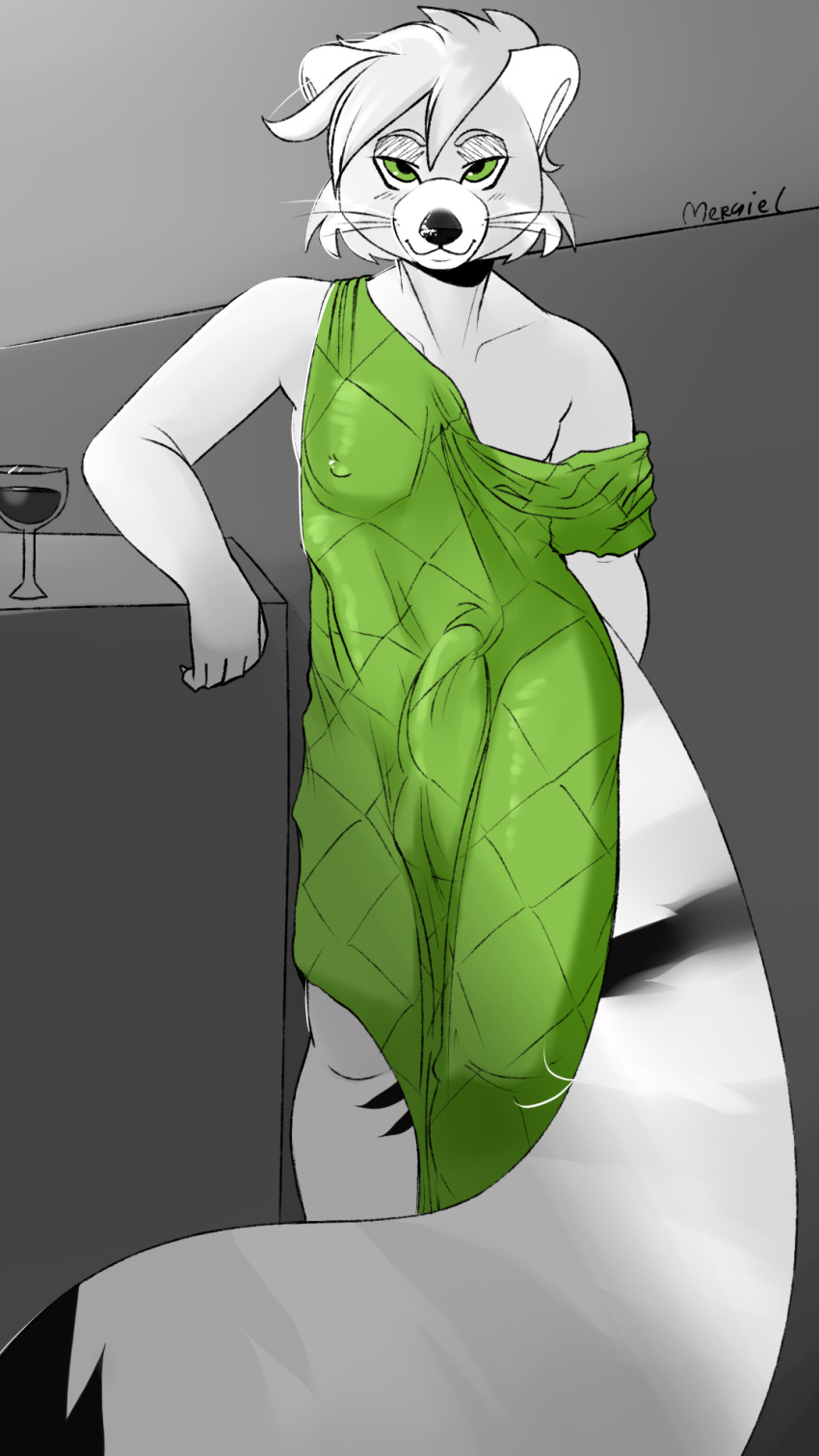9:16 ailurid alcohol anthro balls beverage bulge clothed clothing crossdressing dress erection flirting genitals green_eyes greyscale hair hi_res kinktober kinktober_2020 long_tail looking_at_viewer male mammal material meryiel monochrome penis_under_clothes pinup pose red_panda short_hair sketch solo standing wine wine_glass