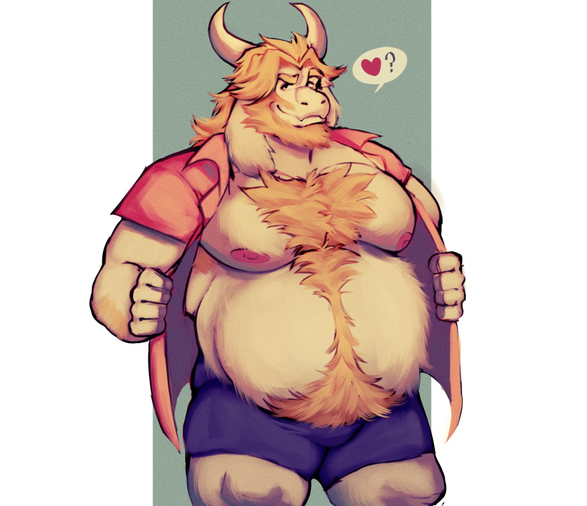 &lt;3 2020 5_fingers aloha_shirt anthro armpit_hair asgore_dreemurr beard belly blonde_hair body_hair bottomwear bovid caprine chest_hair clothed clothing facial_hair fingers fur goat hair happy_trail hi_res humanoid_hands looking_at_viewer male mammal mature_anthro mature_male nipples o_reowoof open_clothing open_shirt open_topwear overweight overweight_anthro overweight_male pink_nipples shirt shorts simple_background solo speech_bubble standing topwear undertale video_games white_body white_fur