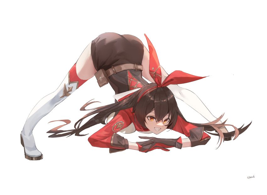 1girl absurdres all_fours amber_(genshin_impact) ass bent_over brown_gloves brown_hair brown_shorts full_body genshin_impact gloves hairband high_heels highres jack-o'_challenge jacket long_sleeves pouch red_hairband red_jacket short_shorts shorts simple_background smile solo spread_legs strash thighhighs top-down_bottom-up white_background white_legwear yellow_eyes