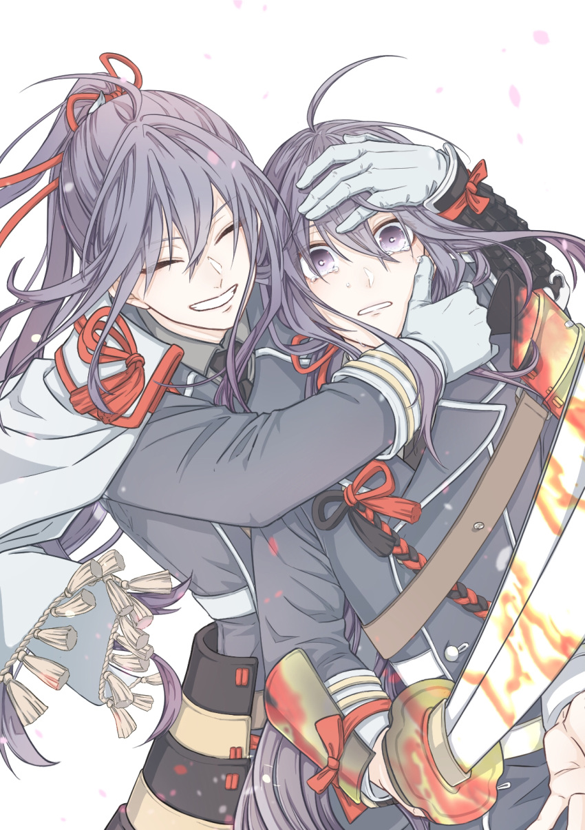 2boys ^_^ ahoge armor black_hair cape closed_eyes dual_persona edo_sawachan_ko gloves grin highres hug japanese_armor kiwame_(touken_ranbu) kote male_focus military military_uniform multiple_boys namazuo_toushirou necktie petals ponytail purple_eyes smile sword tassel tears touken_ranbu uniform wakizashi weapon white_gloves