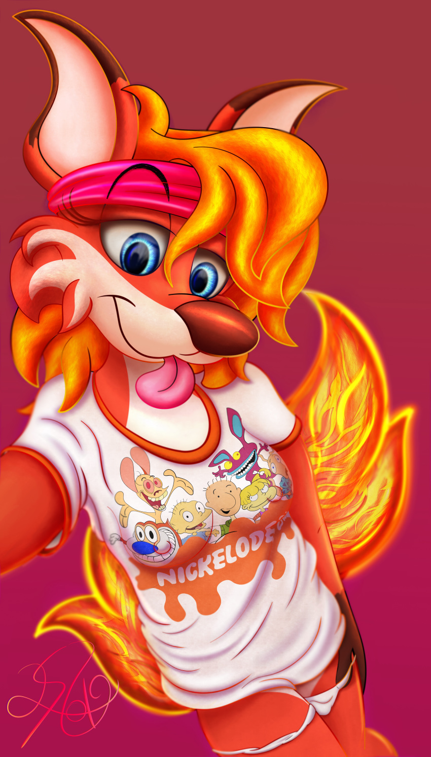 absurd_res anthro blue_eyes bodily_fluids bottomless canid canine clothed clothing erika female fire firefox fox hi_res lobofeo mammal nickelodeon panties panties_down shirt solo sweat topwear underwear underwear_down