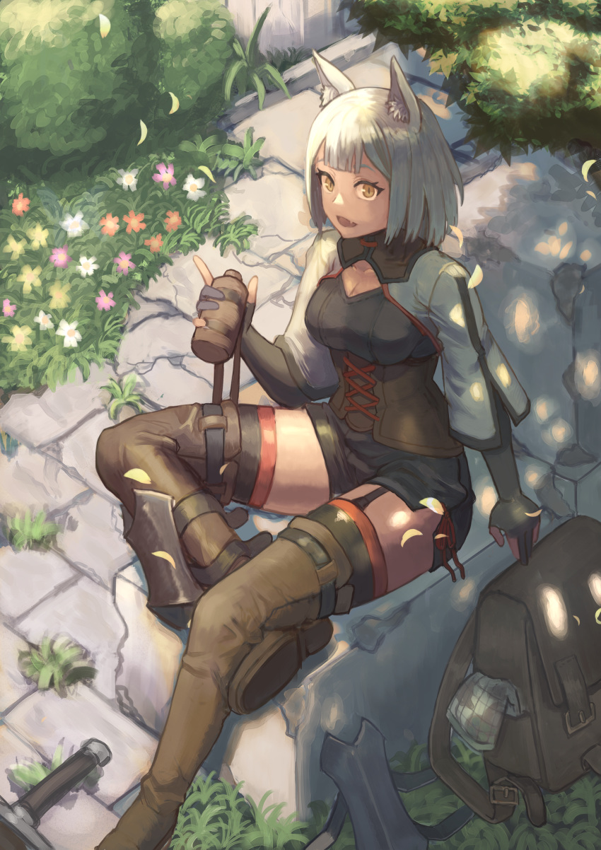 1girl animal_ear_fluff animal_ears backpack bag bangs black_legwear blunt_bangs boots breasts brown_legwear corset fang flower fox_ears garter_straps gloves highres janoukyo19 medium_breasts on_floor original outdoors partially_fingerless_gloves shadow short_hair sitting solo sunlight sword thigh_boots thighhighs weapon white_hair yellow_eyes