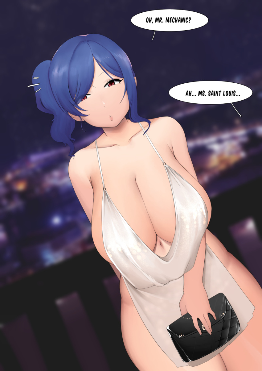 1girl arm_behind_back azur_lane backless_dress backless_outfit bag bangs bare_shoulders blue_hair breasts cleavage collarbone curvy dress dutch_angle evening_gown grey_dress halter_dress handbag highres large_breasts looking_at_viewer moebell navel netorare night night_sky outdoors plunging_neckline railing red_eyes revealing_clothes side_ponytail sidelocks silver_dress sky speech_bubble st._louis_(azur_lane) st._louis_(luxurious_wheels)_(azur_lane) standing swept_bangs thighs
