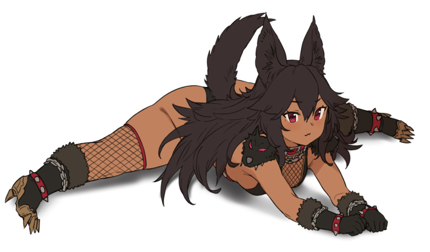 1girl animal_ears black_hair black_panties bra bracelet breasts cameltoe cerberus_(houtengeki) dark_skin dog_ears fishnet_legwear fishnets from_behind hair_spread_out houtengeki jewelry legs_apart looking_at_viewer looking_through_legs lying on_stomach original panties red_eyes simple_background small_breasts solo spiked_bracelet spikes split underwear white_background