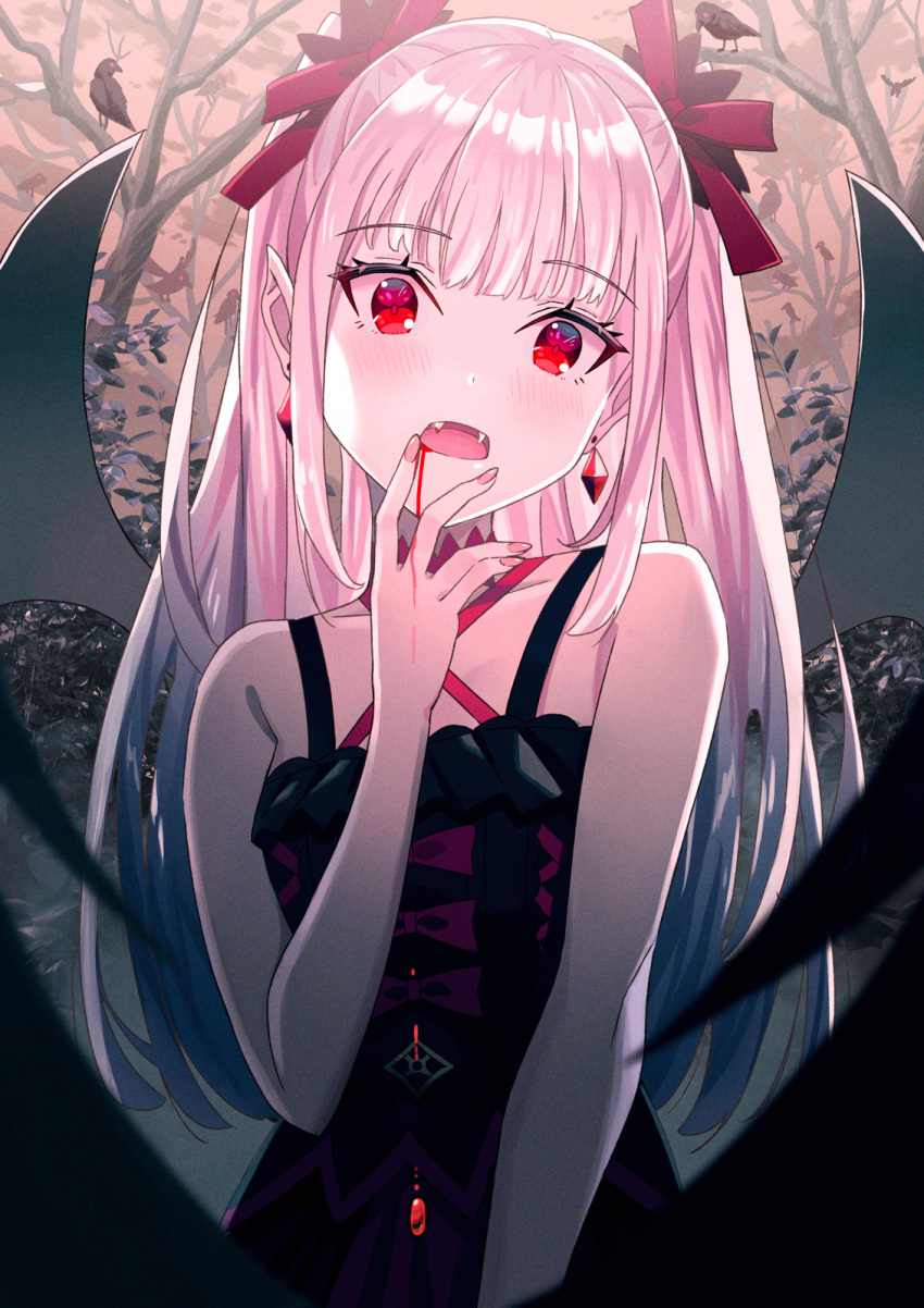 1girl bare_arms bare_shoulders bat_wings black_dress blood choker dress earrings fangs finger_to_mouth hair_ribbon highres jewelry koh_rd long_hair looking_at_viewer open_mouth original pointy_ears red_eyes ribbon sidelocks sleeveless sleeveless_dress solo two_side_up upper_body vampire white_hair wings