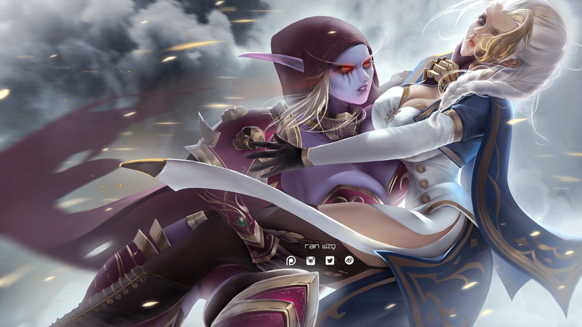 2girls blonde_hair blue_eyes breasts catfight cleavage jaina_proudmoore large_breasts long_eyebrows long_hair multiple_girls pointy_ears purple_skin rain_wzq red_eyes sylvanas_windrunner tagme undead warcraft white_hair world_of_warcraft
