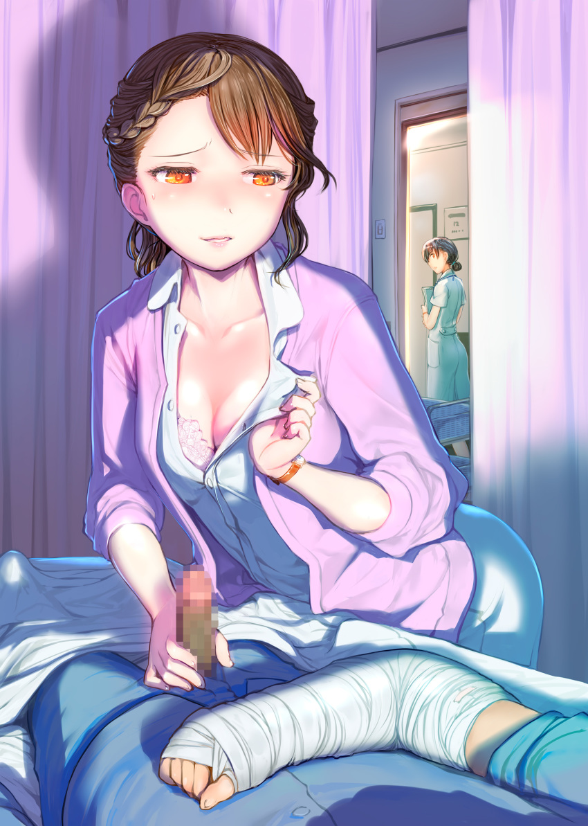 1boy 2girls absurdres bandaged_arm bandages bangs bed bent_over blanket blush bra braid breasts brown_eyes brown_hair censored cleavage collarbone collared_shirt commentary_request curtains green_pants green_shirt hair_bun hand_up handjob hetero highres holding indoors jacket labcoat looking_at_another lying medium_breasts mikazuki_akira! mosaic_censoring multiple_girls nurse on_back on_bed original pants parted_lips partially_unbuttoned penis pink_jacket shirt short_hair short_sleeves solo_focus sweatdrop teeth underwear watch white_pants white_shirt wristwatch