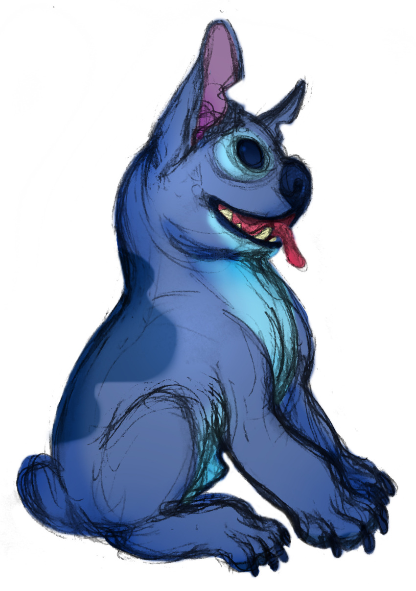 2019 alien alternate_form blue_body blue_claws blue_fur blue_markings blue_pawpads canid canine claws clothing colored_sketch disney experiment_(lilo_and_stitch) feral fur hi_res ink-the-artist lilo_and_stitch looking_up male mammal markings pawpads sharp_teeth simple_background sitting small_tail solo stitch_(lilo_and_stitch) teeth tongue tongue_out torn_clothing white_background