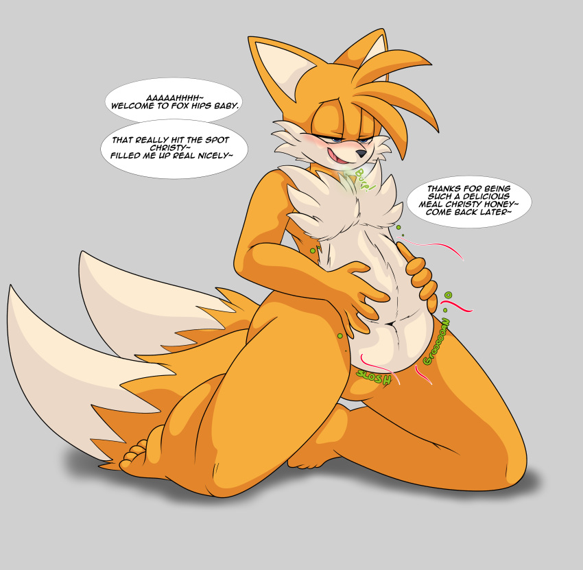 abdominal_bulge absurd_res anthro belly burping canid canine digestion digestion_noises english_text fox foxynoms fur hi_res male male_pred mammal miles_prower navel nude orange_body orange_fur solo sonic_the_hedgehog_(series) speech_bubble text vore