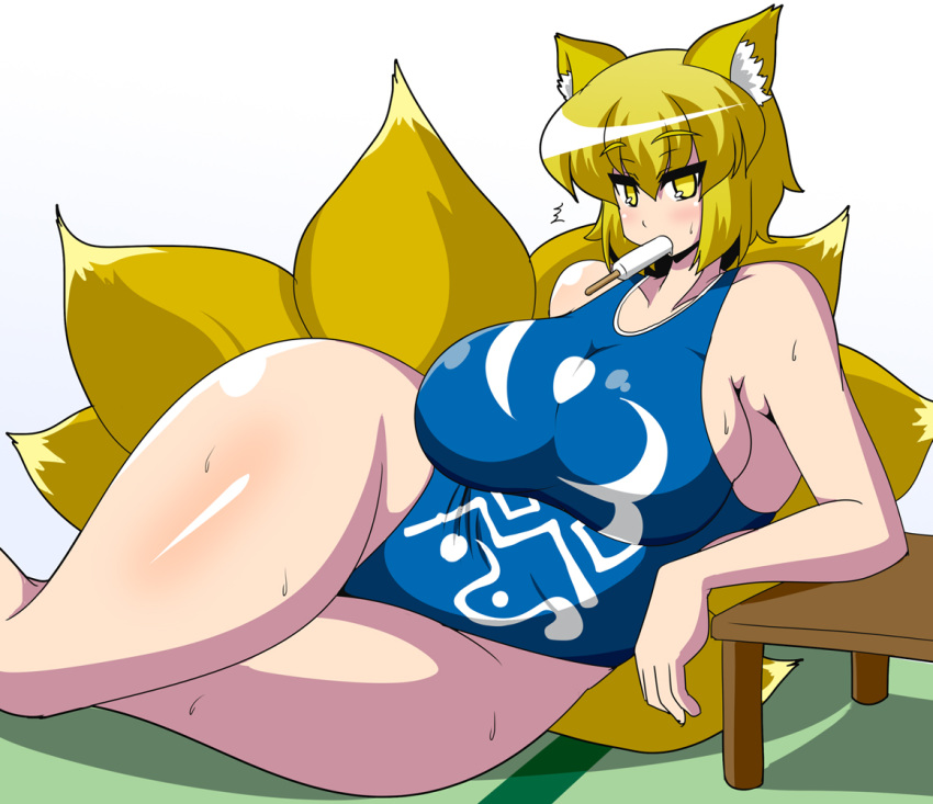 akasode_(tyaramu) animal_humanoid arm_support big_breasts biped blonde_hair blush bodily_fluids breasts canid canid_humanoid canine canine_humanoid clothed clothing curvy_figure dipstick_tail eating female food food_in_mouth fox_humanoid front_view fur glistening glistening_body glistening_hair glistening_skin hair huge_breasts humanoid humanoid_hands inner_ear_fluff light_skin looking_at_viewer lying mammal mammal_humanoid monotone_hair mouth_hold multi_tail multicolored_tail object_in_mouth on_ground on_side one-piece_swimsuit popsicle ran_yakumo short_hair side_boob simple_background solo sweat swimwear thick_thighs tight_clothing touhou tuft video_games voluptuous white_background wide_hips yellow_body yellow_eyes yellow_fur