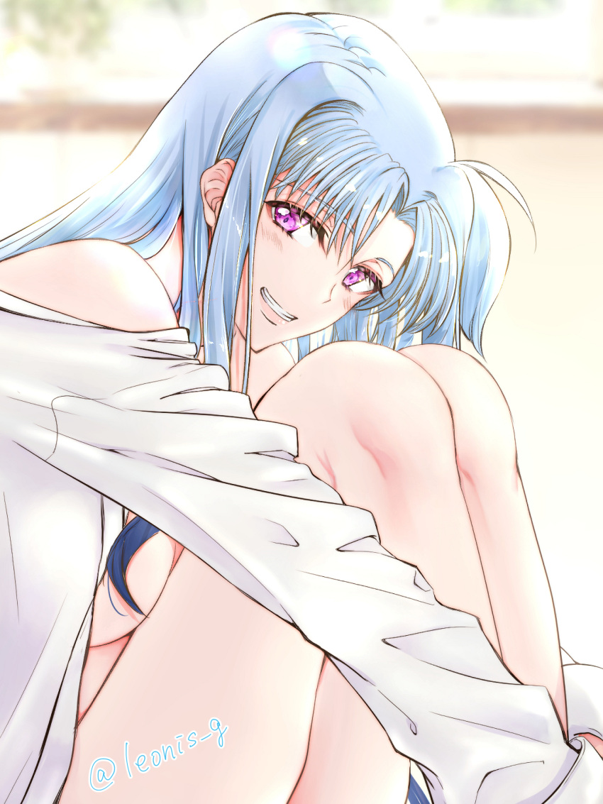 1girl absurdres bare_shoulders blue_hair blush breasts commentary_request highres large_breasts leonis_g long_hair looking_at_viewer lyrical_nanoha mahou_shoujo_lyrical_nanoha mahou_shoujo_lyrical_nanoha_a's mahou_shoujo_lyrical_nanoha_a's_portable:_the_battle_of_aces material-l naked_shirt open_clothes open_shirt purple_eyes shirt sitting smile solo twitter_username white_shirt