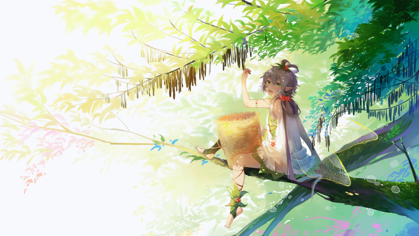 1girl absurdres arm_up blush chinese_commentary commentary dress elf fairy_wings flower full_body green_eyes grey_hair hair_flower hair_ornament hair_rings highres in_tree insect_wings long_hair long_image luo_tianyi open_mouth plant pointy_ears sitting sitting_in_tree smile stuko tree very_long_hair vocaloid vsinger wide_image wings
