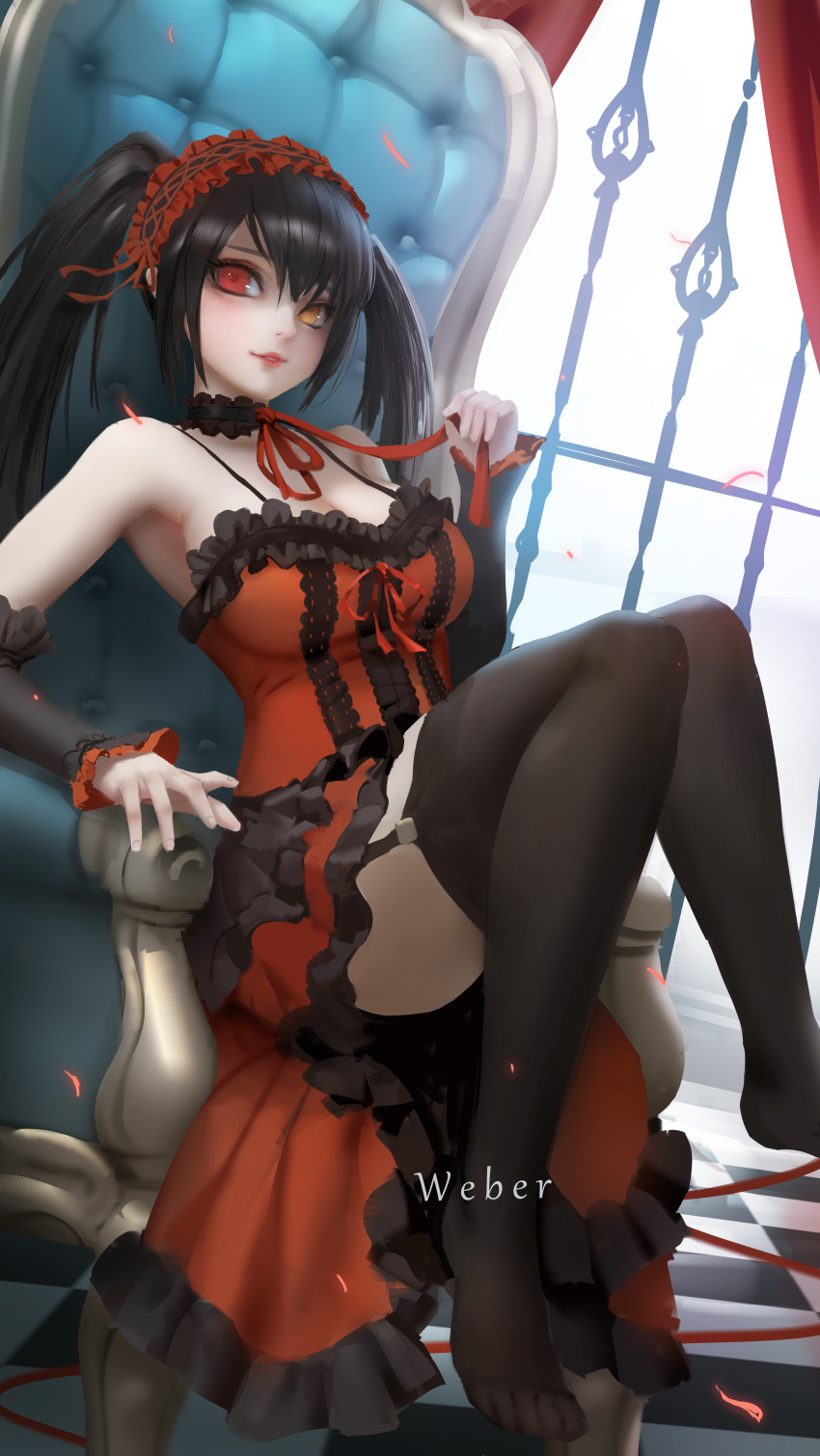 1girl absurdres artist_name backlighting black_hair breasts choker cleavage clock clock_eyes date_a_live date_a_live:_date_a_bullet detached_sleeves garter_straps gothic_lolita hairband heterochromia highres impasto itsuka_shidou lace lace_choker lolita_fashion lolita_hairband medium_breasts red_eyes smirk solo symbol-shaped_pupils thighhighs thighs tokisaki_kurumi twintails uneven_twintails weber yellow_eyes