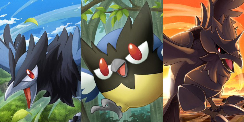 cloud commentary_request corviknight corvisquire day forest gen_8_pokemon hakuginnosora highres leaves_in_wind nature no_humans open_mouth outdoors pokemon pokemon_(creature) red_eyes rookidee sky talons tongue tree twilight