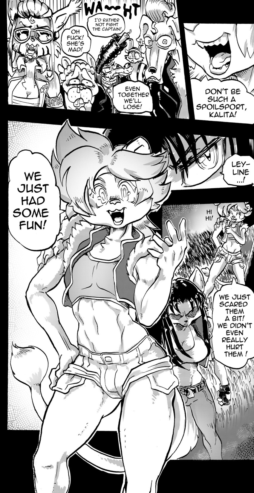 anthro breasts canid canine canis cleavage clothed clothing comic daigaijin dialogue domestic_dog english_text felid female fox fur furryfight_chronicles gantus_(furryfight_chronicles) group hair hi_res kalita_(furryfight_chronicles) leyline_(furryfight_chronicles) lion male mammal midriff molosser monochrome navel pantherine profanity pug small_molosser tail_tuft text toy_dog tuft