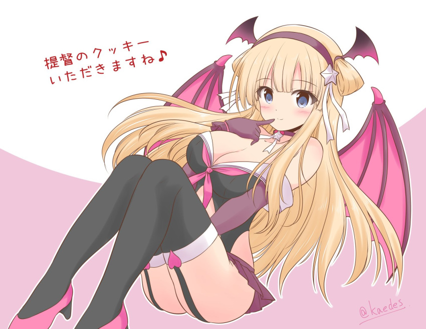 1girl blonde_hair blue_eyes blush breasts demon_wings double_bun fletcher_(kantai_collection) full_body halloween_costume icesherbet kantai_collection large_breasts long_hair off_shoulder pink_background pleated_skirt school_uniform serafuku skirt thighhighs twitter_username two-tone_background white_background wings