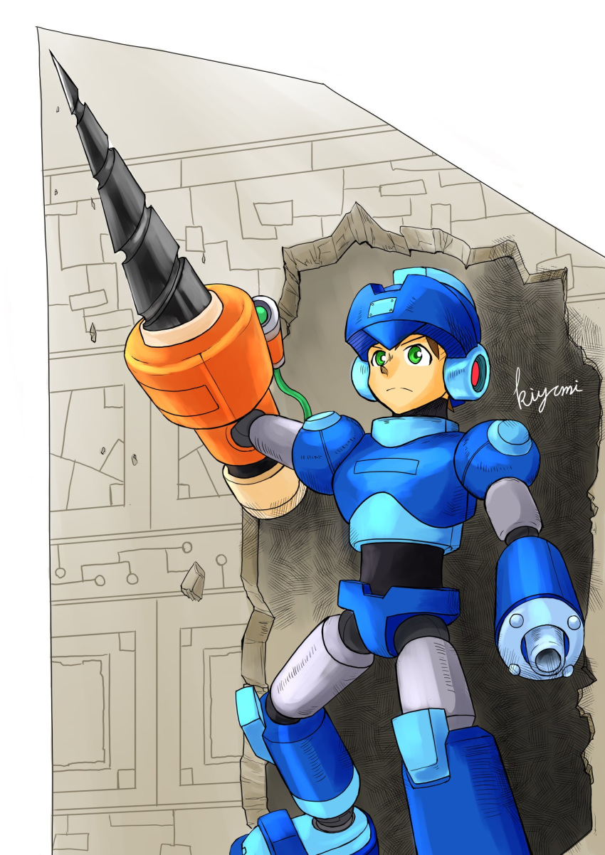 1boy android arm_cannon blue_bodysuit blue_helmet bodysuit brown_hair drill green_eyes helmet highres male_focus rock_volnutt rockman rockman_dash signature smile solo wall_crash weapon