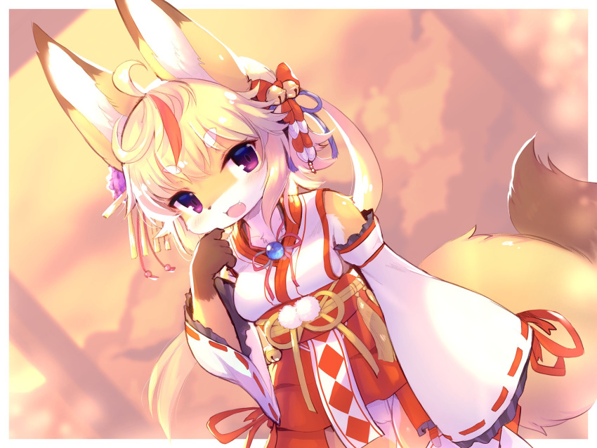 1girl animal_ear_fluff animal_ears bell blonde_hair cameltoe commentary_request crunchobar detached_sleeves fang fox_ears fox_girl fox_tail furry hair_ornament hand_to_own_mouth haruki_no_saidai_no_teki_wa_risei. highres japanese_clothes jingle_bell kini_(kinosei.) long_hair microskirt miko open_mouth panties ponytail purple_eyes red_skirt shirt skirt sleeves_past_wrists smile solo tail thighs underwear white_panties white_shirt white_sleeves